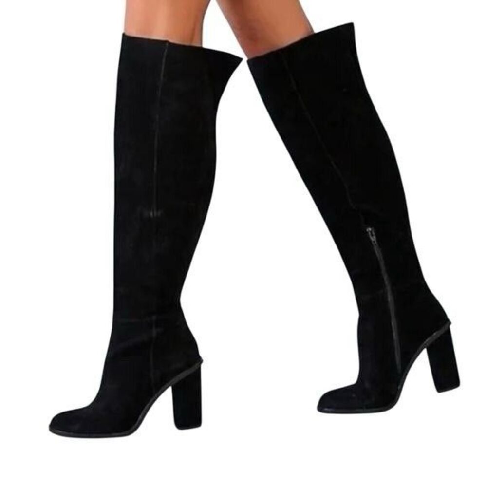 Gianni Bini Barrine Black Leather Knee High Block Heel Zip Boots Women's 6.5M